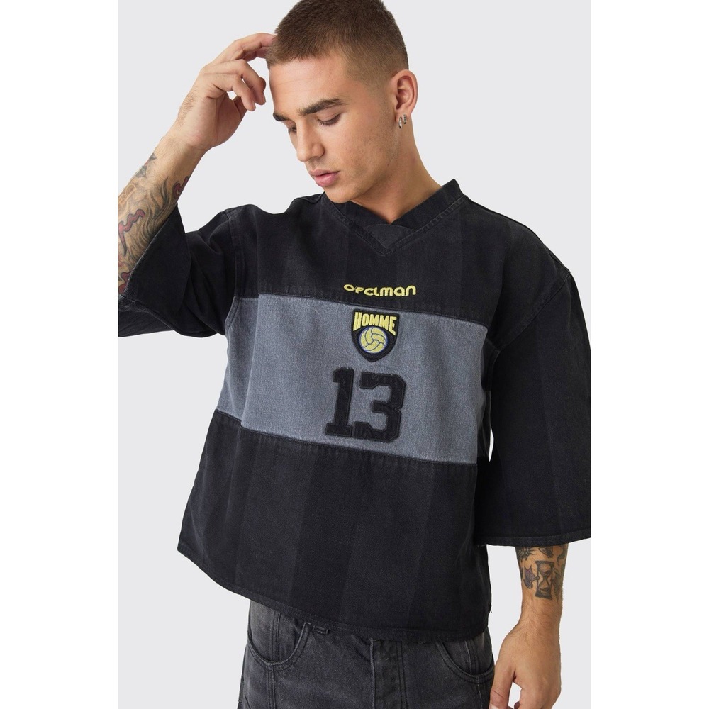 BoohooMAN Black‎ Embroidered Football Oversized 3/4 sleeves Denim T-shirt Medium